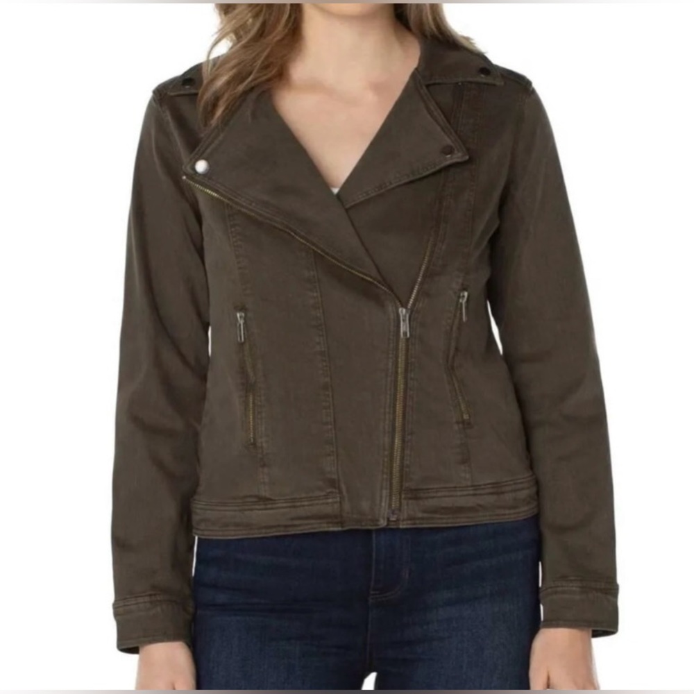 Liverpool Bradford Moto Denim Jacket in Olive